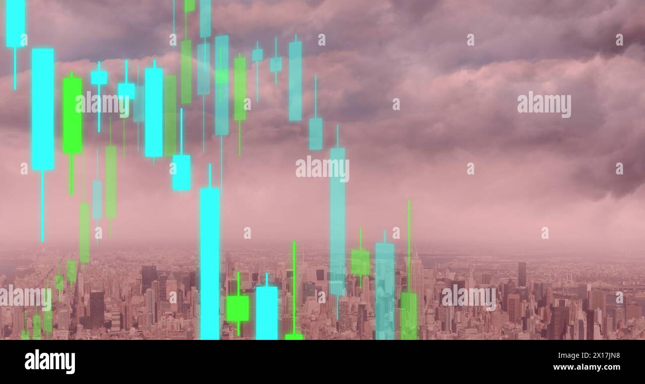 Image of cityscape over data processing Stock Photo