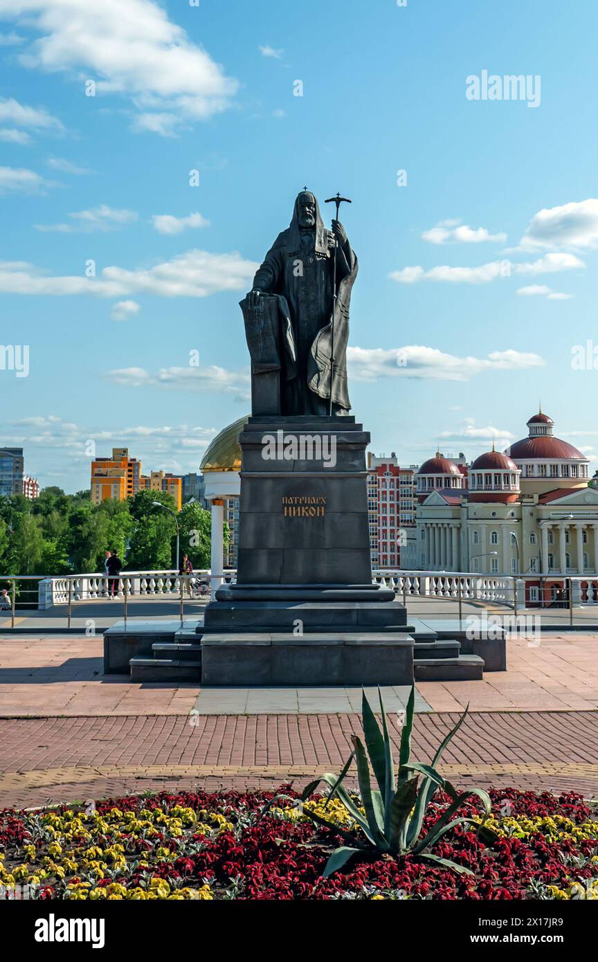 Saransk, Mordovia, Russia - June 5, 2023. Statue of Patriarch Nikon in the city of Saransk. The sculpture is located near the cathedral. Stock Photo
