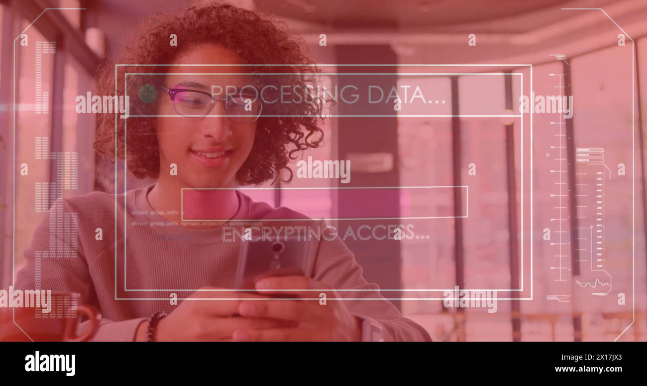 Image of data processing over biracial man using smartphone Stock Photo