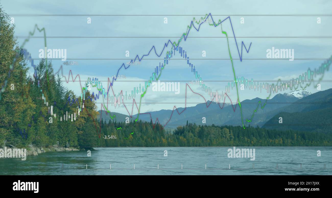 Image of data processing and diagram over landscape Stock Photo