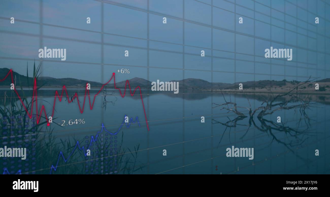 Image of data processing and diagrams over landscape Stock Photo