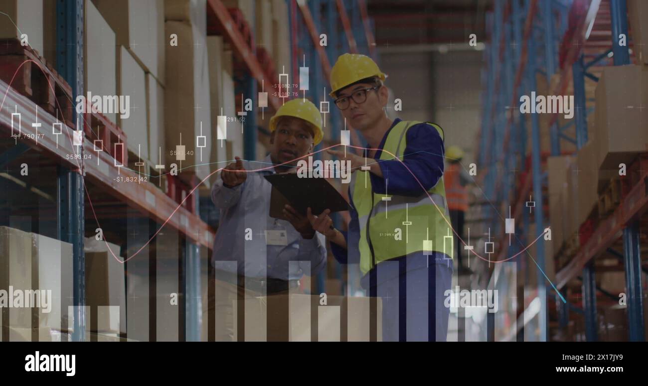 Image of statistic charts over diverse male workers in warehouse Stock Photo