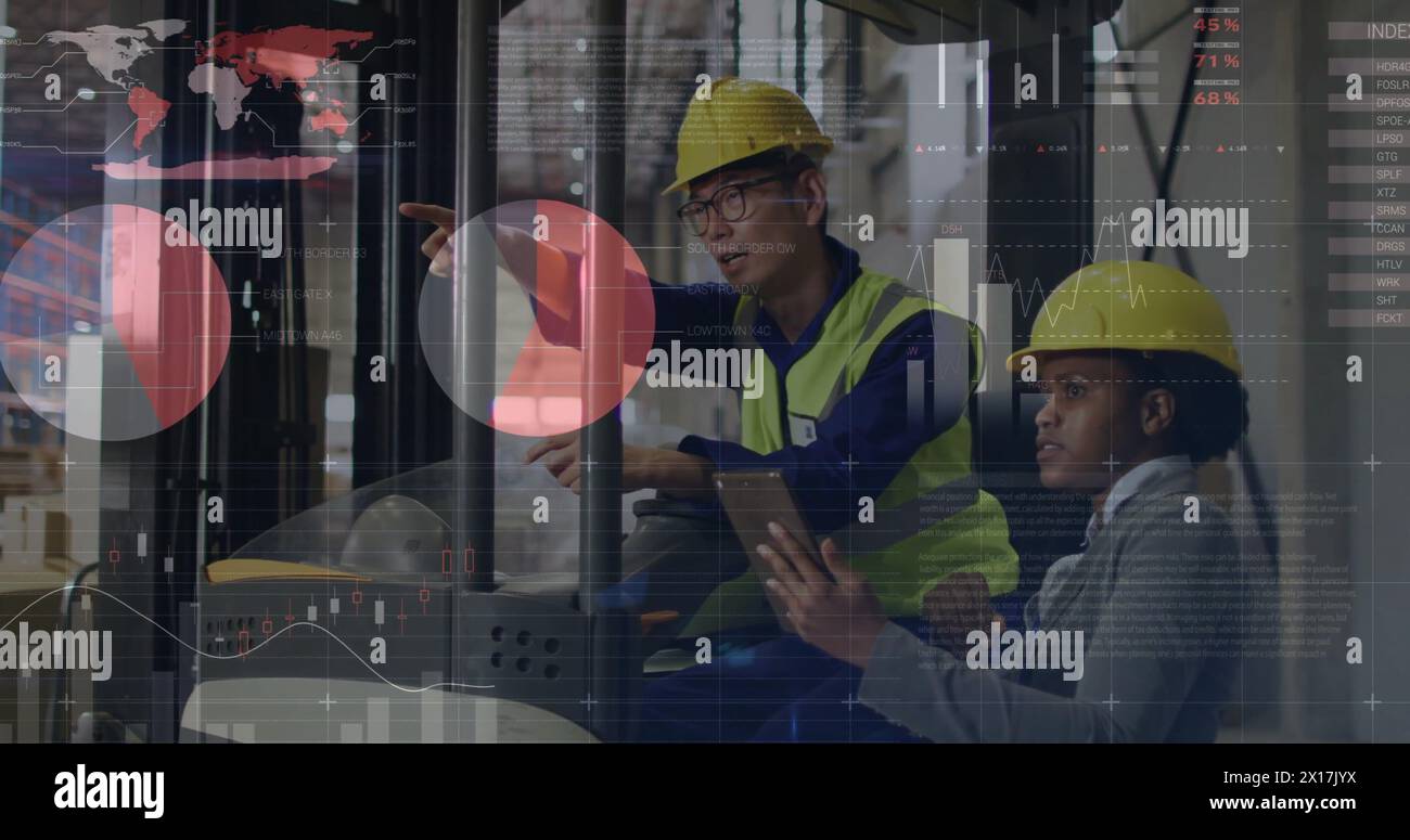 Image of statistic charts over African American workers in warehouse
