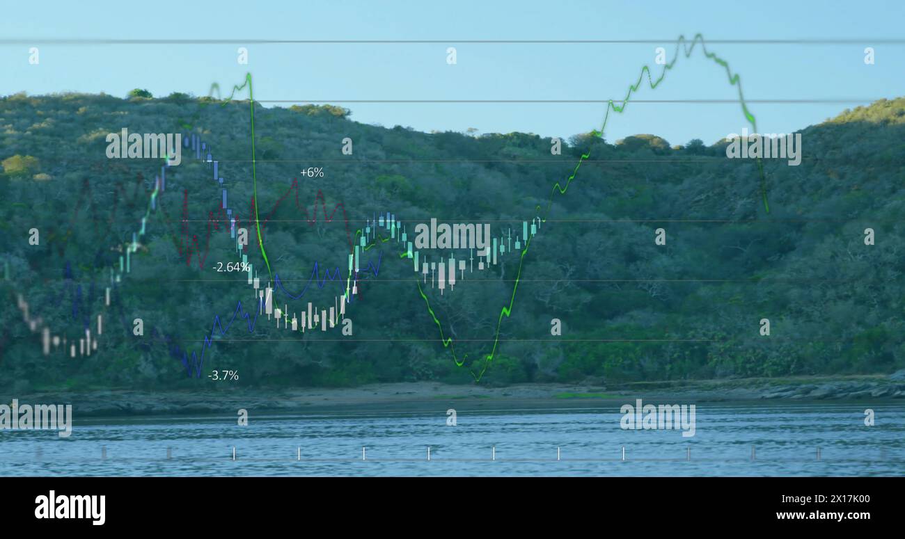 Image of data processing and diagrams over landscape Stock Photo - Alamy