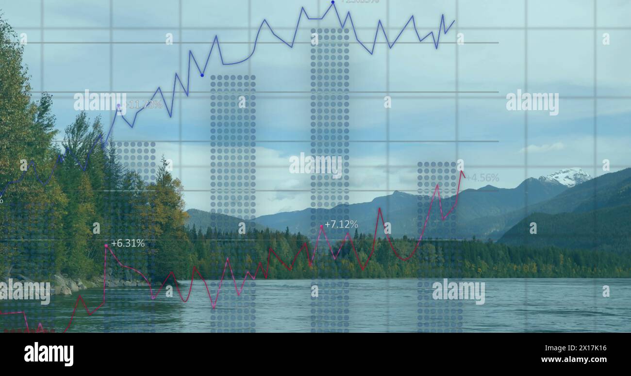 Image of data processing and diagrams over landscape Stock Photo