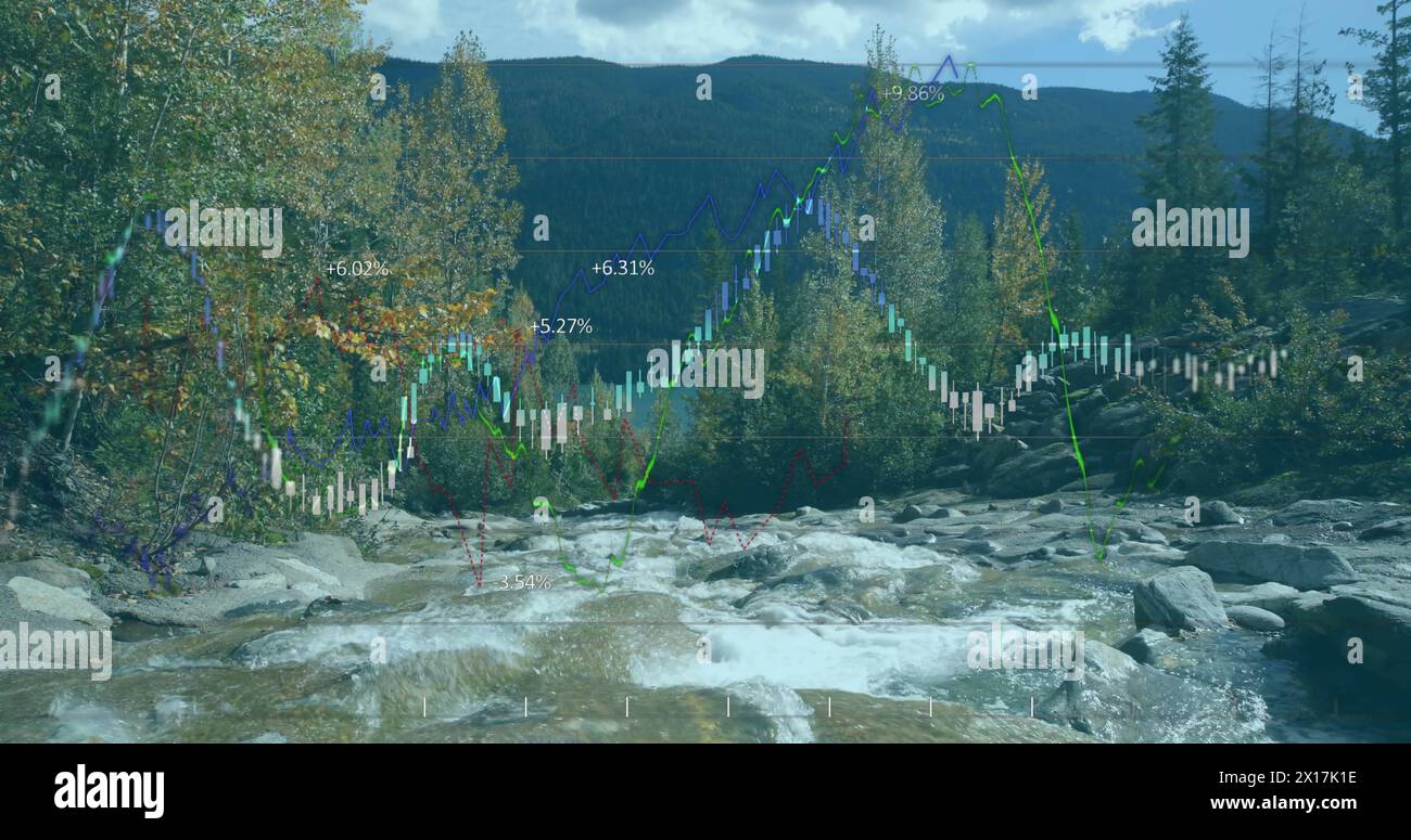 Image of data processing and diagram over landscape Stock Photo