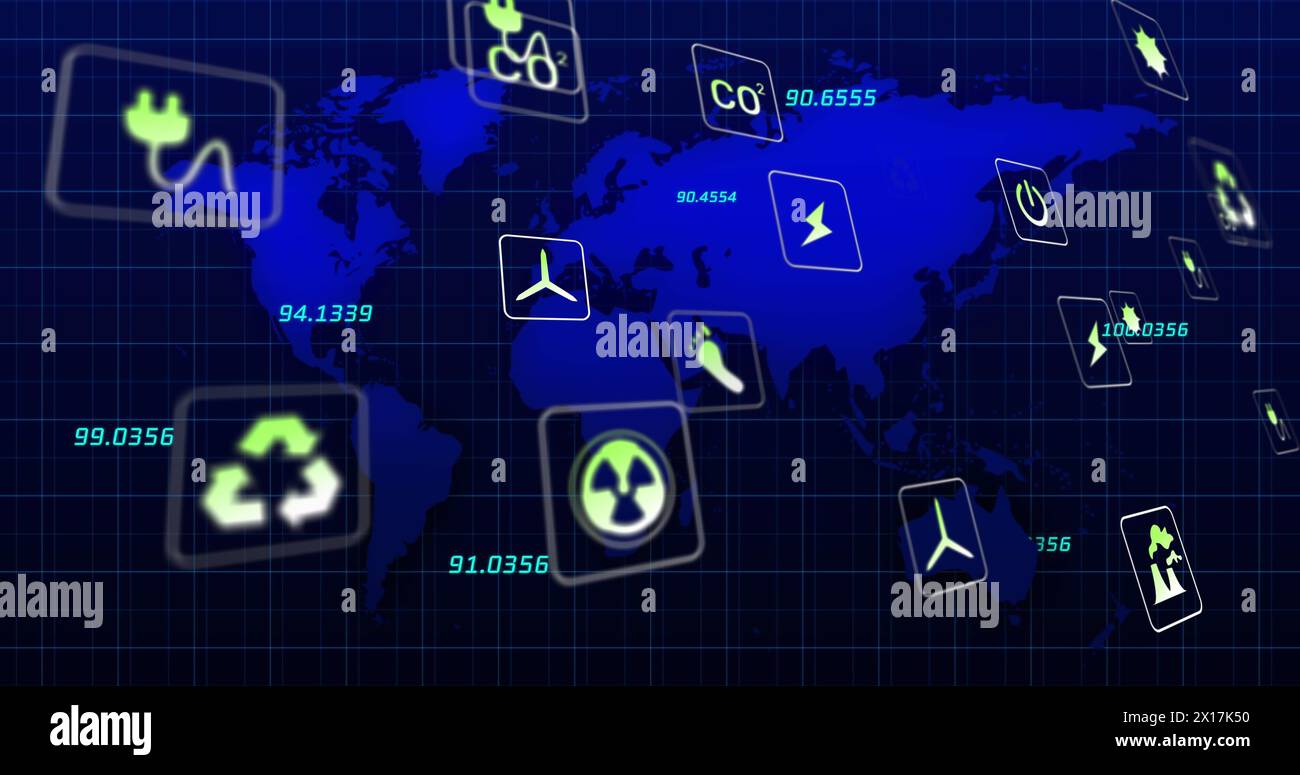 Image of network of eco and environmentally friendly icons over world map Stock Photo