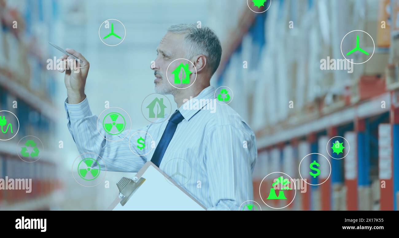 Image of network of eco and environmentally friendly icons worker of the ware house Stock Photo