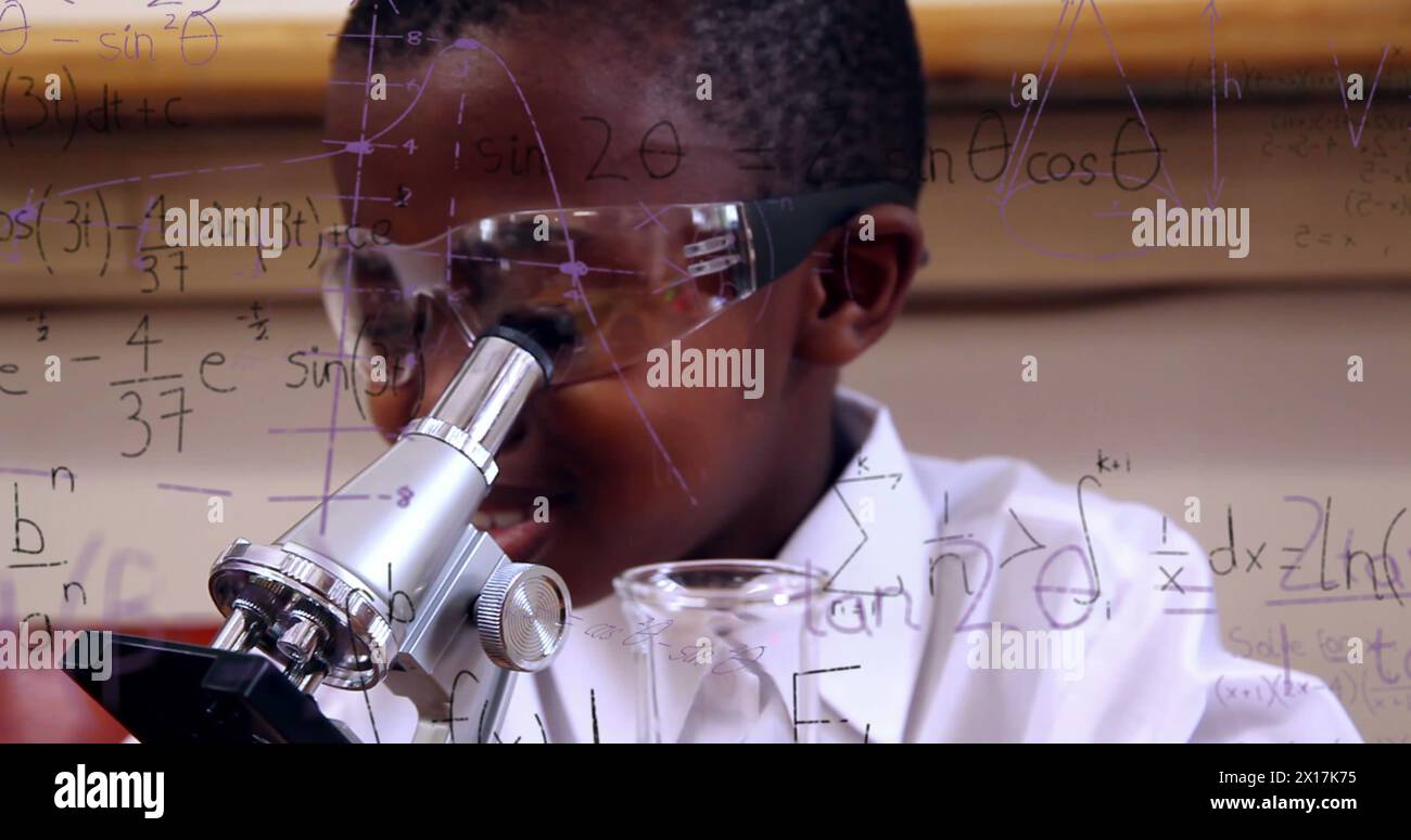 Image of mathematical formulae over smiling schoolboy using microscope Stock Photo