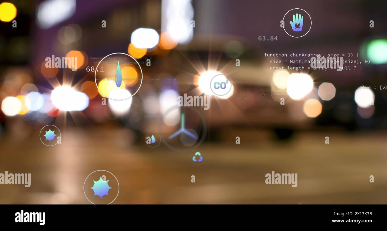 Image of network of eco and environmentally friendly icons over cityscape Stock Photo