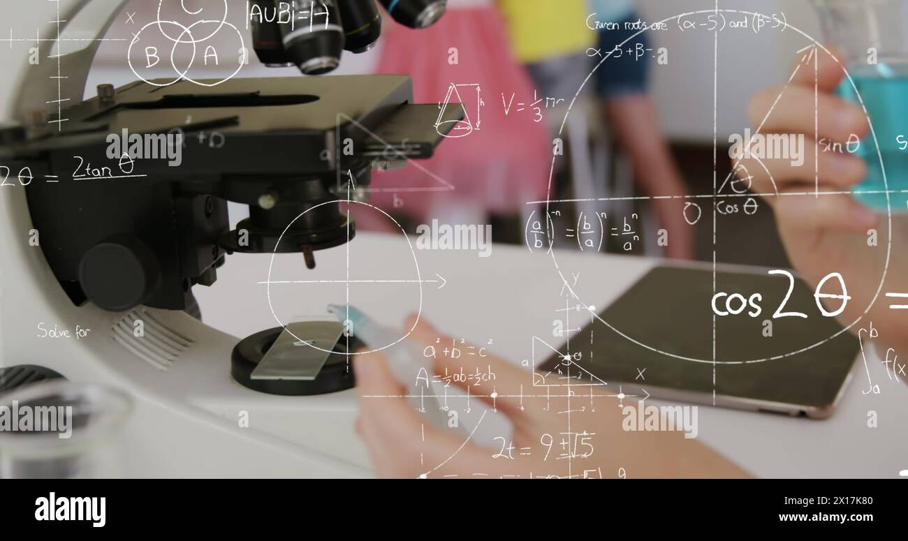 Image of mathematical formulae over student using microscope Stock Photo