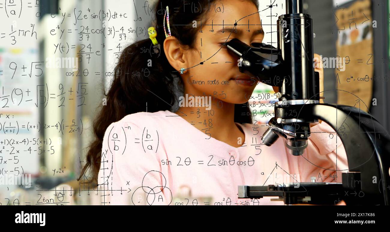 Image of mathematical formulae over smiling schoolgirl using microscope Stock Photo