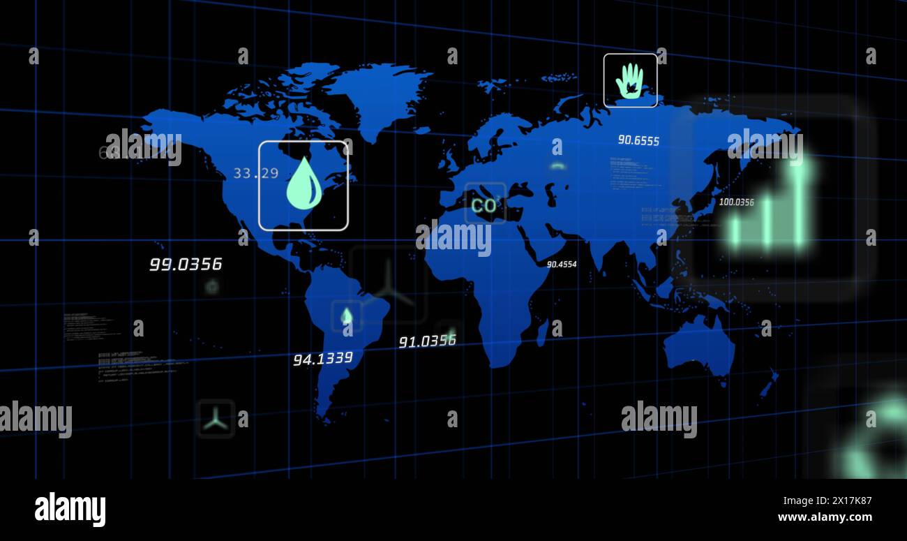 Image of network of eco and environmentally friendly icons over world ...