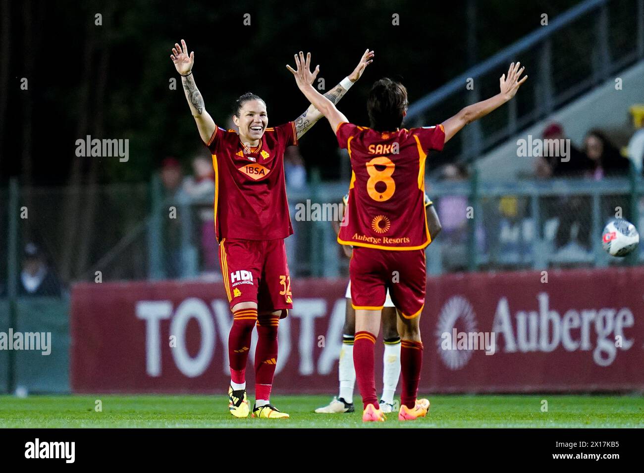 Rome, Italy. 15th Apr, 2024. Elena Linari of AS Roma and Saki Kumagai of AS Roma celebrate for the victory during the Women Serie A Playoffs match between AS Roma and Juventus FC at Stadio Tre Fontane on April 15, 2024 in Roma, Italy Credit: Giuseppe Maffia/Alamy Live News Stock Photo