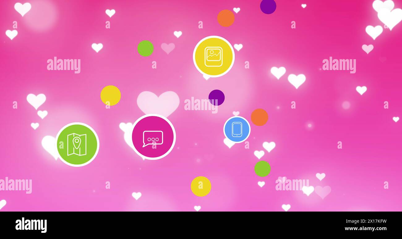 Image of social media reactions and hearts floating over pink background Stock Photo