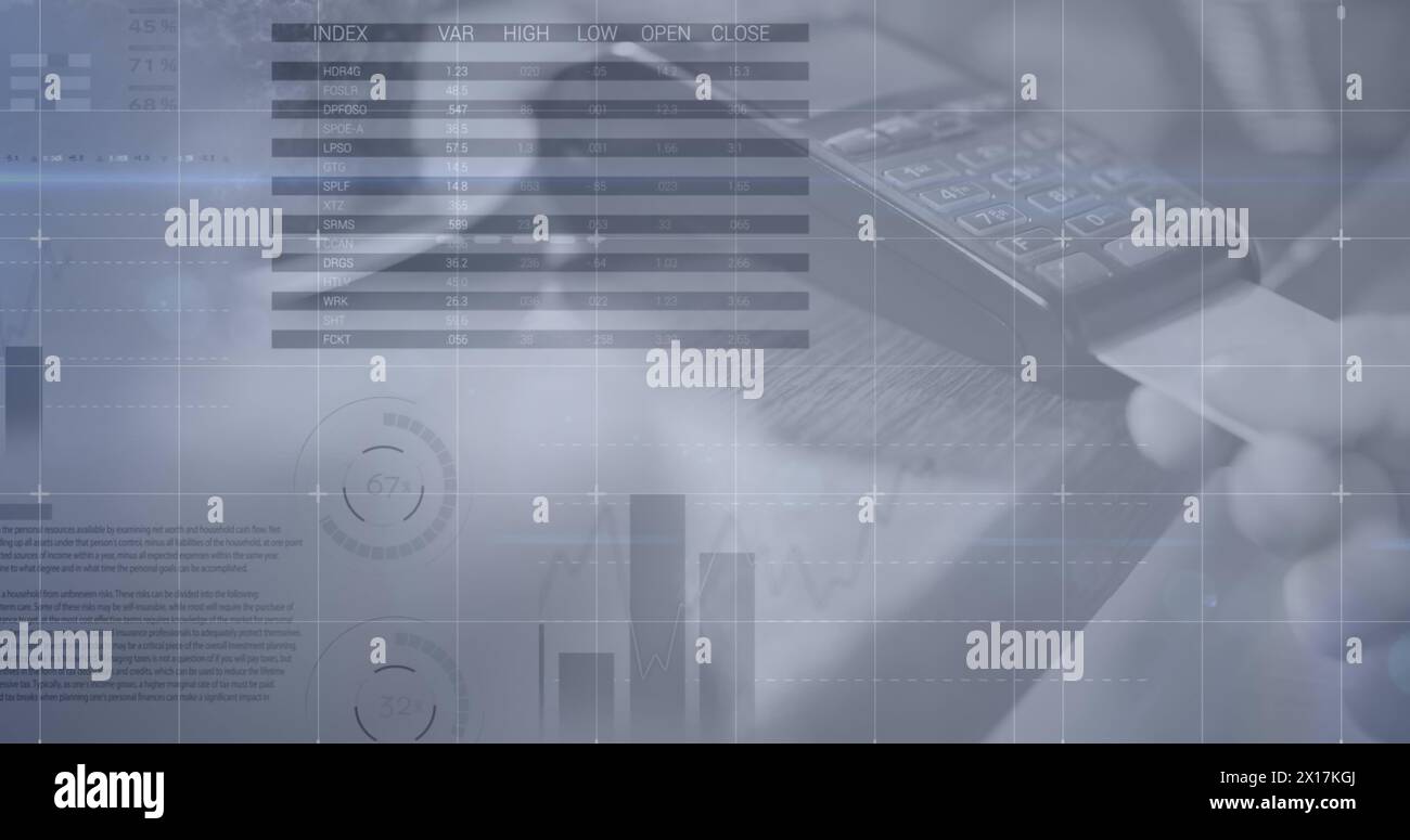 Image of statistics and data processing on grey background Stock Photo