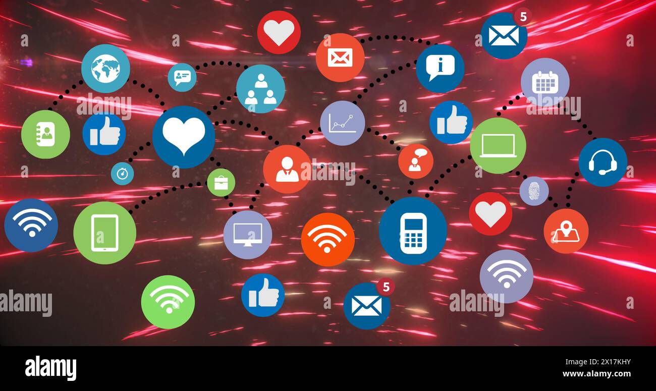 Image of social media icons over red lights moving fast on black background Stock Photo
