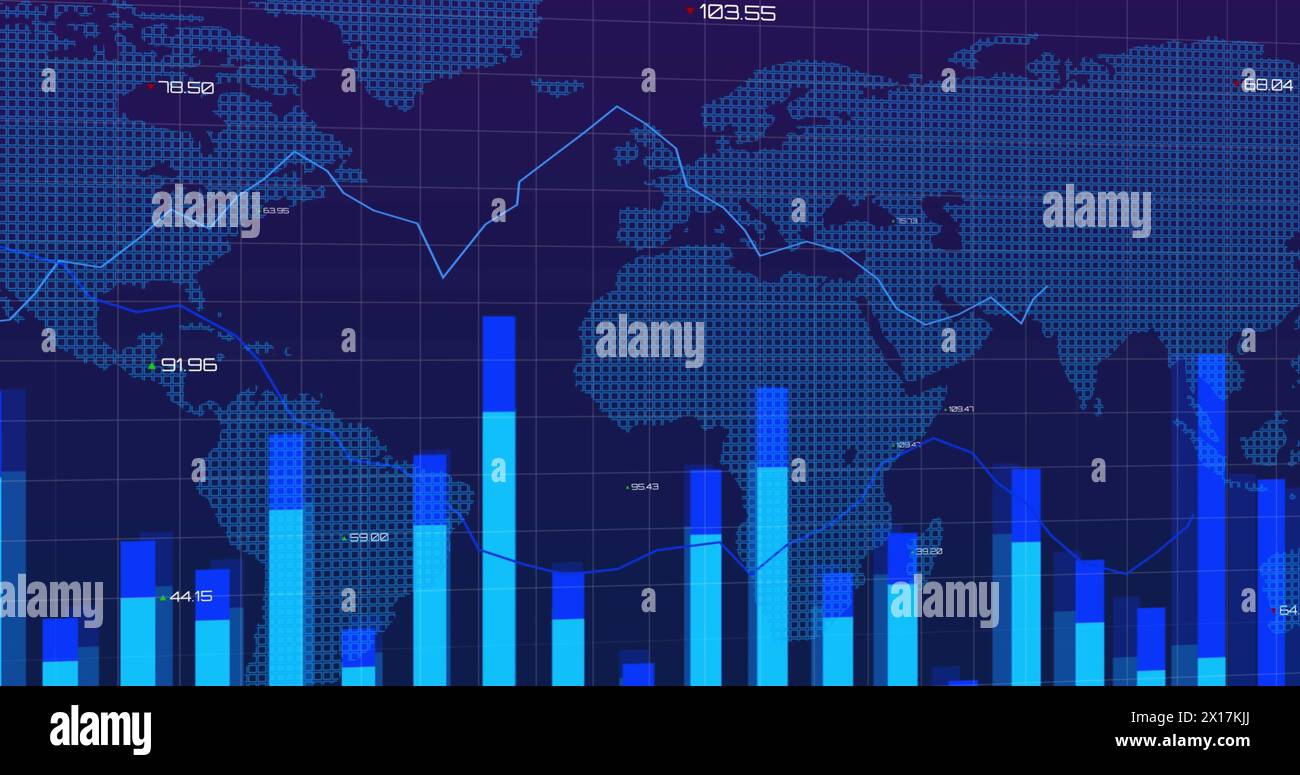 Digital interface with data processing over world map against blue ...