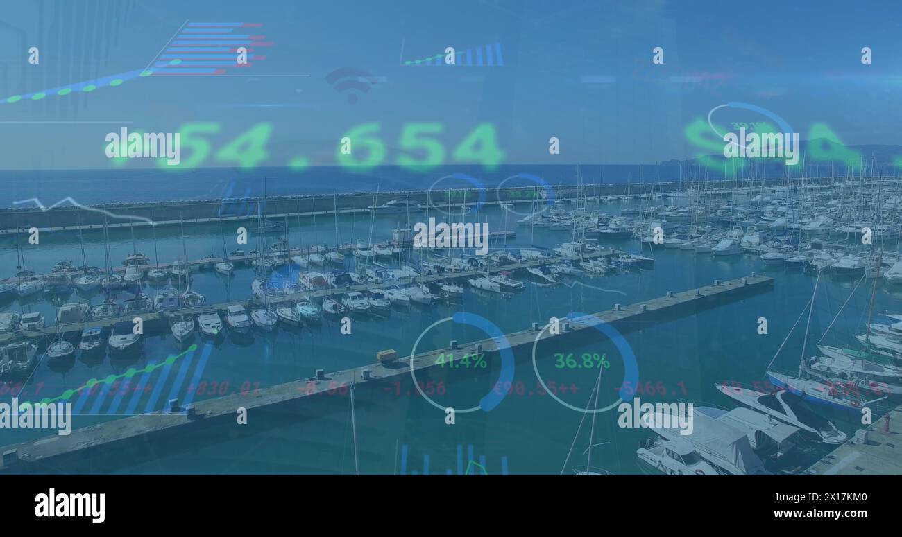 Image of financial data processing over port Stock Photo