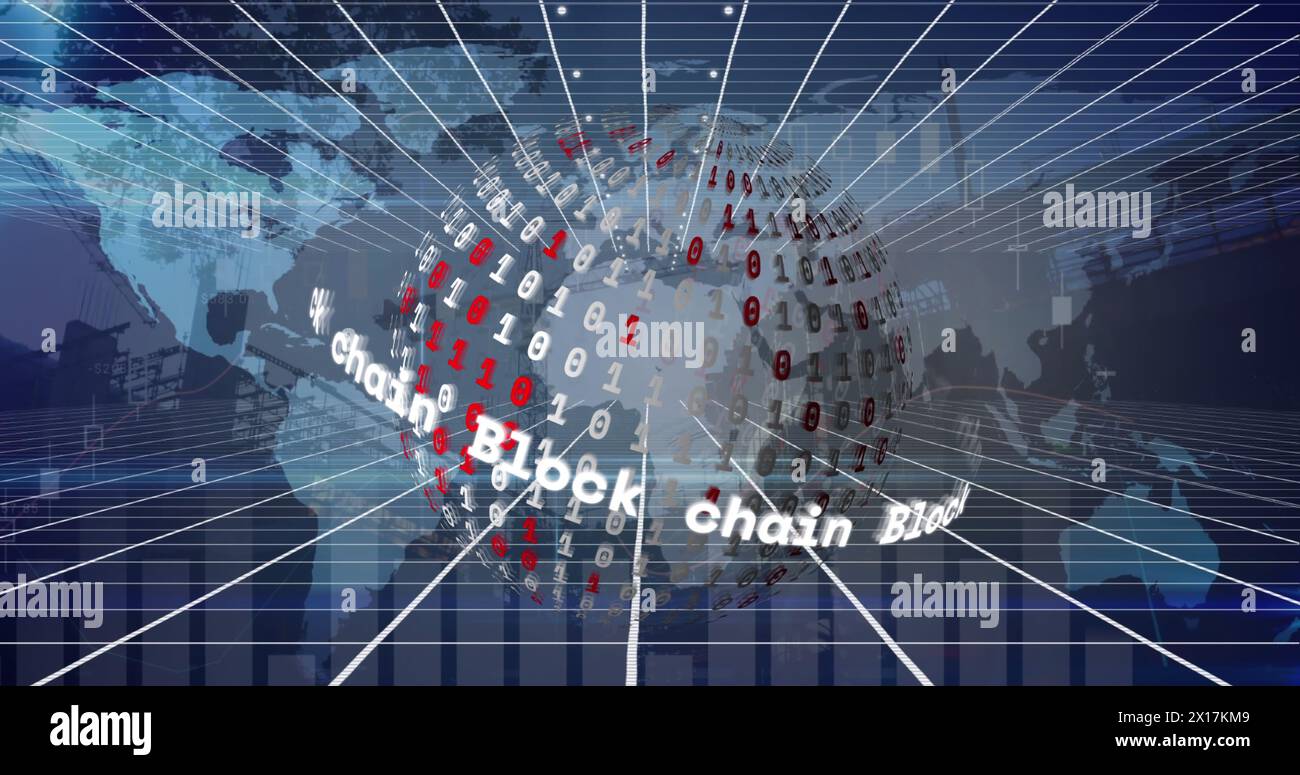Image of globe with binary coding, network of connections and data processing Stock Photo