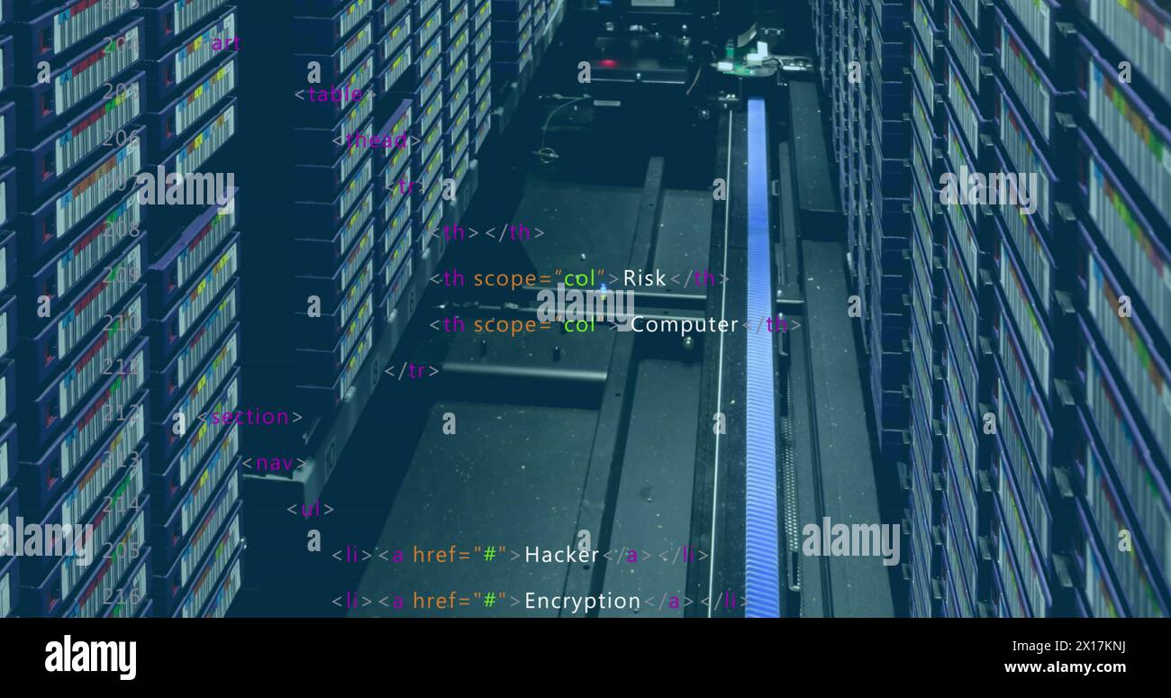 Image of computer data processing HTML over computer servers Stock Photo