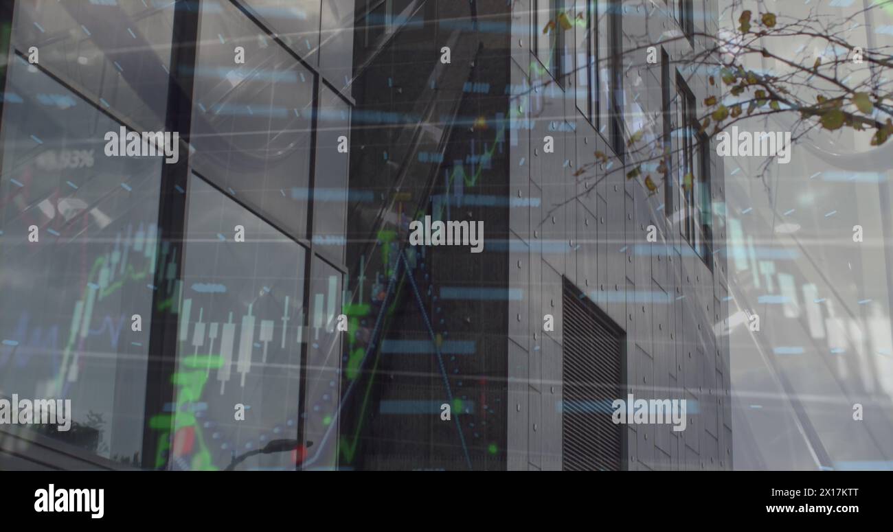 Image of financial data processing against tall building Stock Photo
