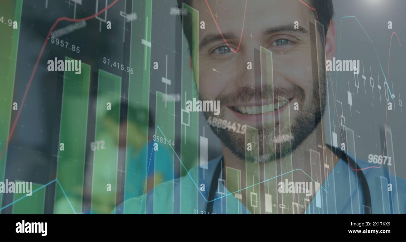 Image of statistical data processing and numbers over caucasian male ...