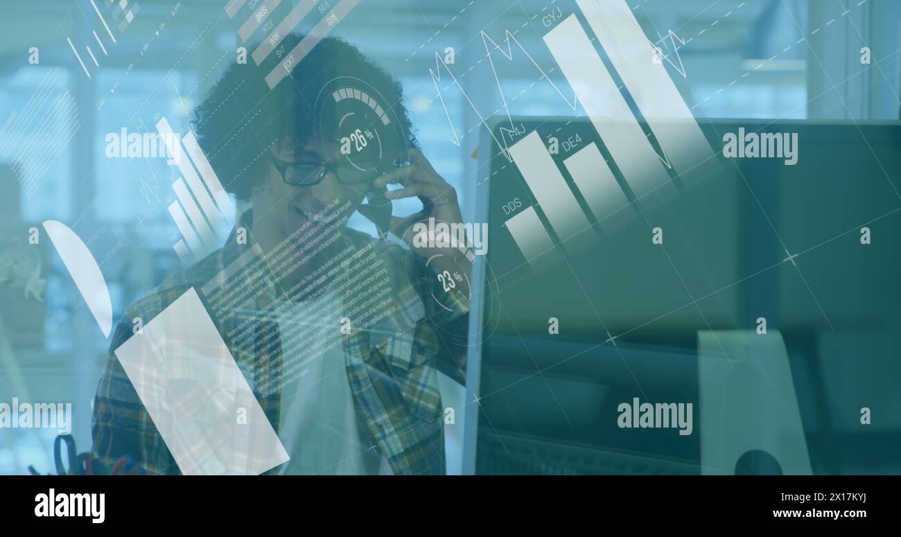 Image of data processing over biracial businessman Stock Photo