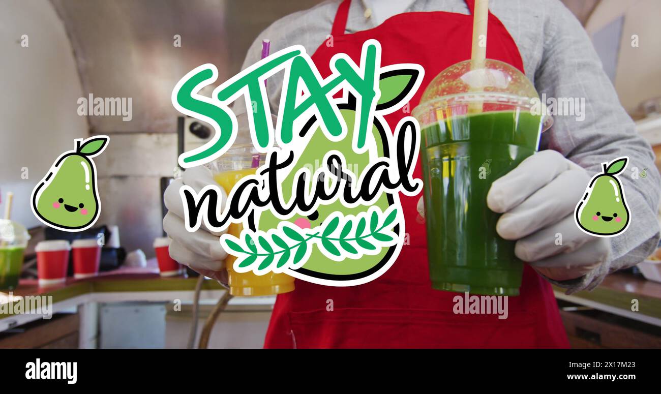 Image of stay natural text over food vendor serving health drinks to customer Stock Photo