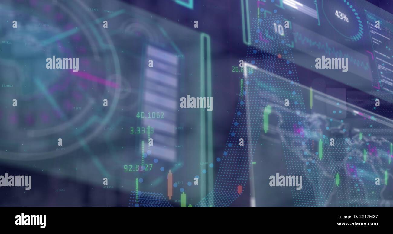 Image of data processing over screens Stock Photo