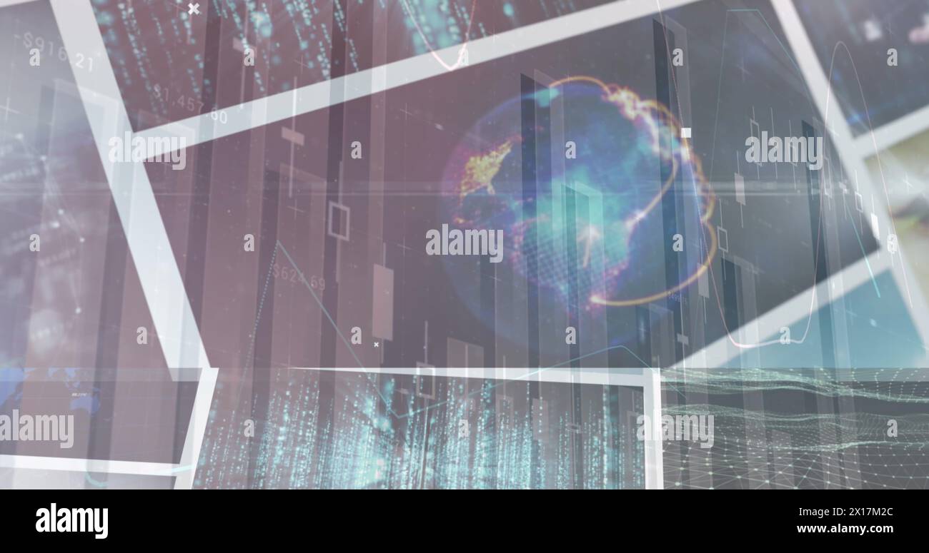 Image of statistics and data processing over screens Stock Photo