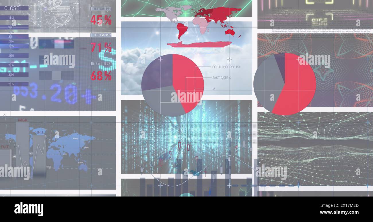 Image of statistics and data processing over screens Stock Photo