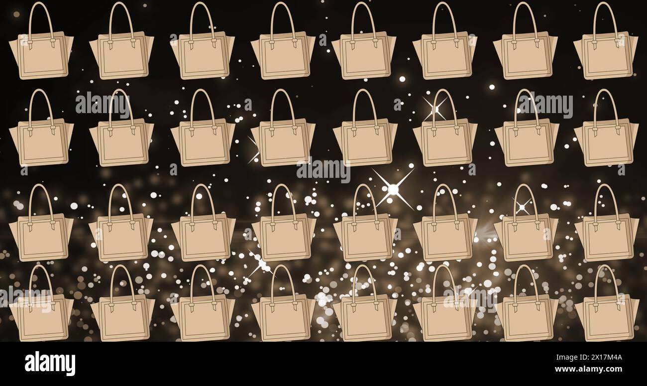 Image of beige tote handbags repeated over white spotlights on black background Stock Photo