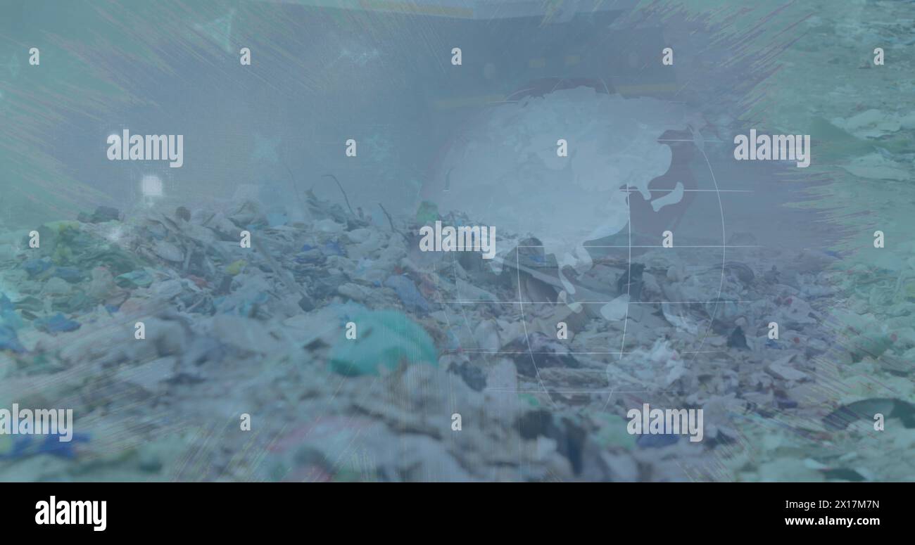 Image of data processing over rubbish dump Stock Photo