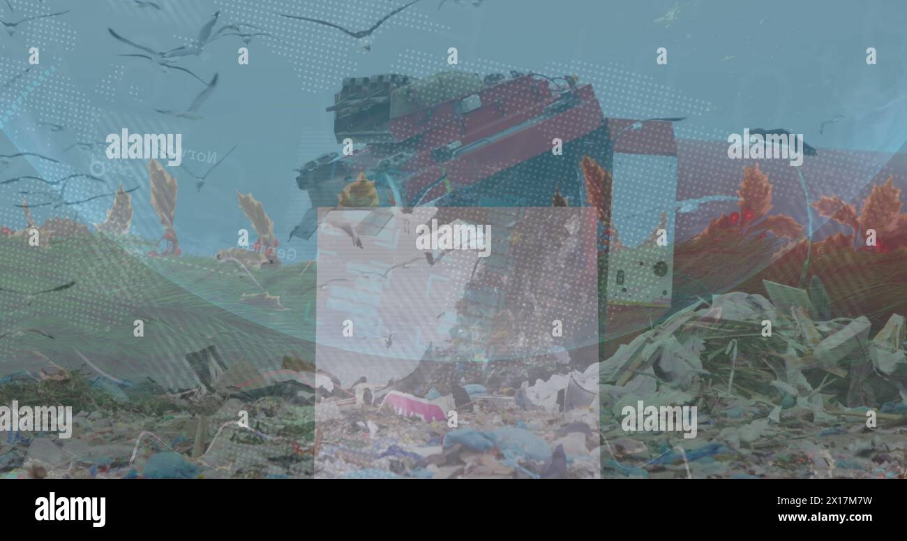 Image of data processing over rubbish dump Stock Photo