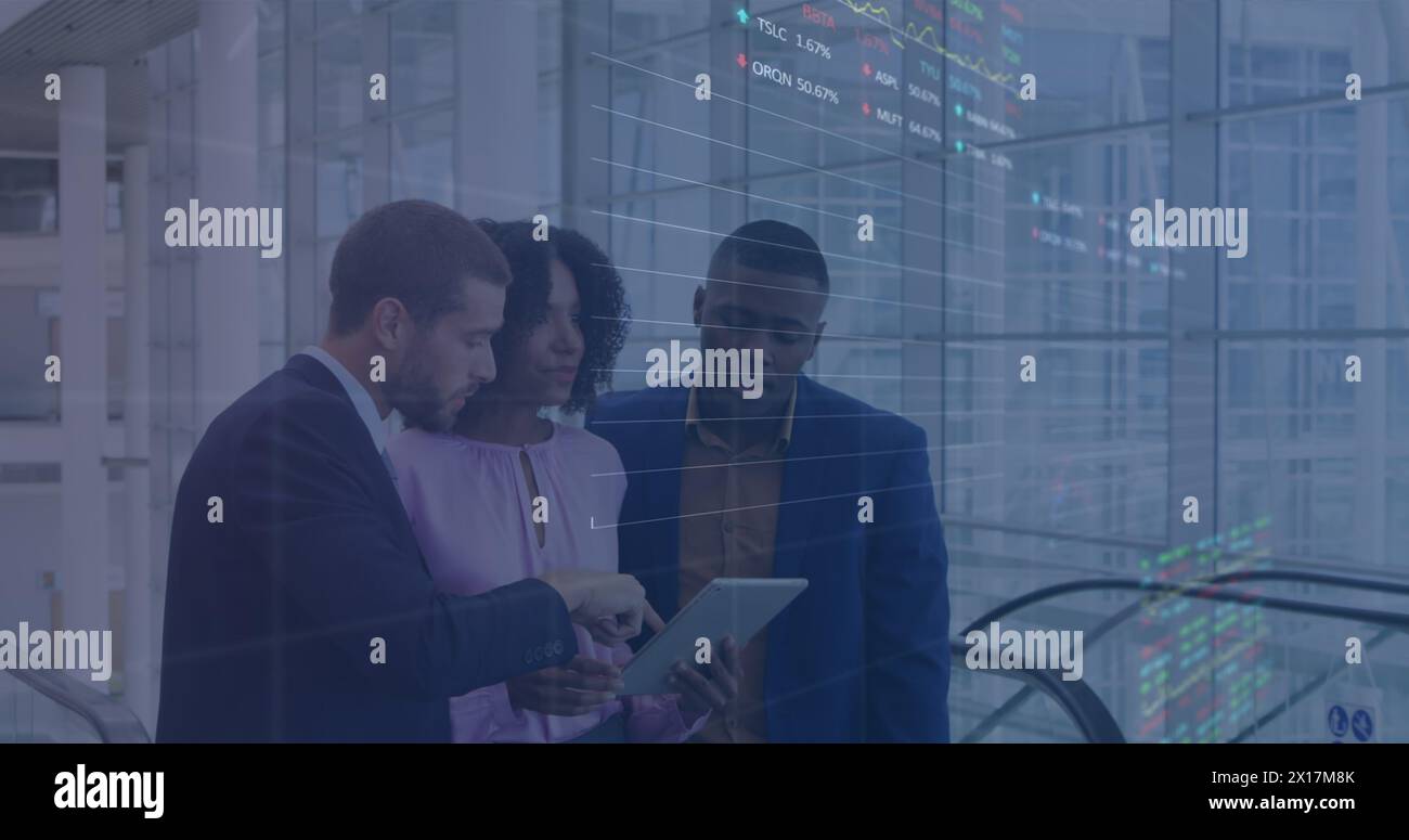 Image of stock market over diverse business people in office Stock Photo