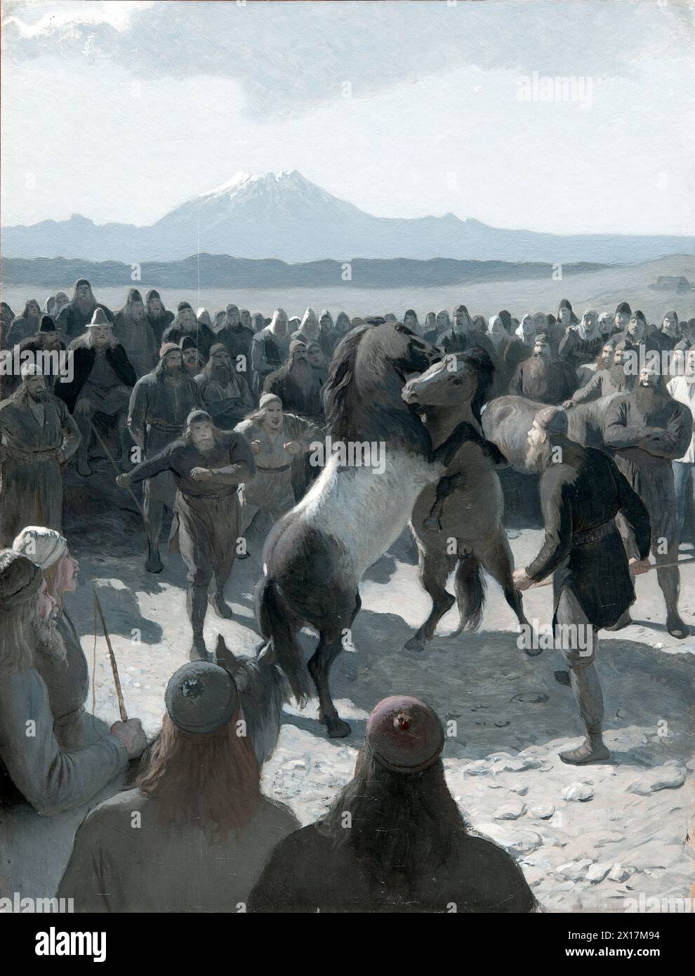 The Horse-Fight at Hlidarendi. Illustration for Njal’s Saga, ch. 59 Stock Photo