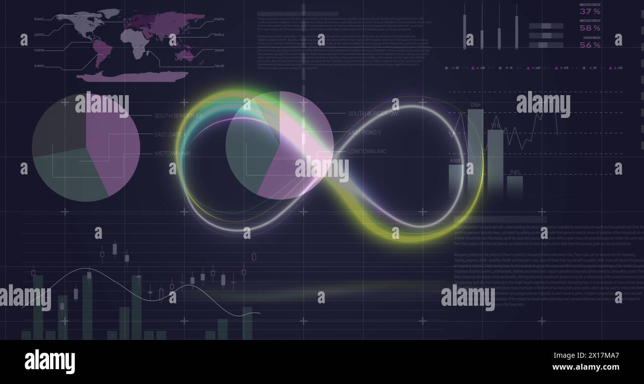 Image of neon infinity shape over statistical data processing against black background Stock Photo