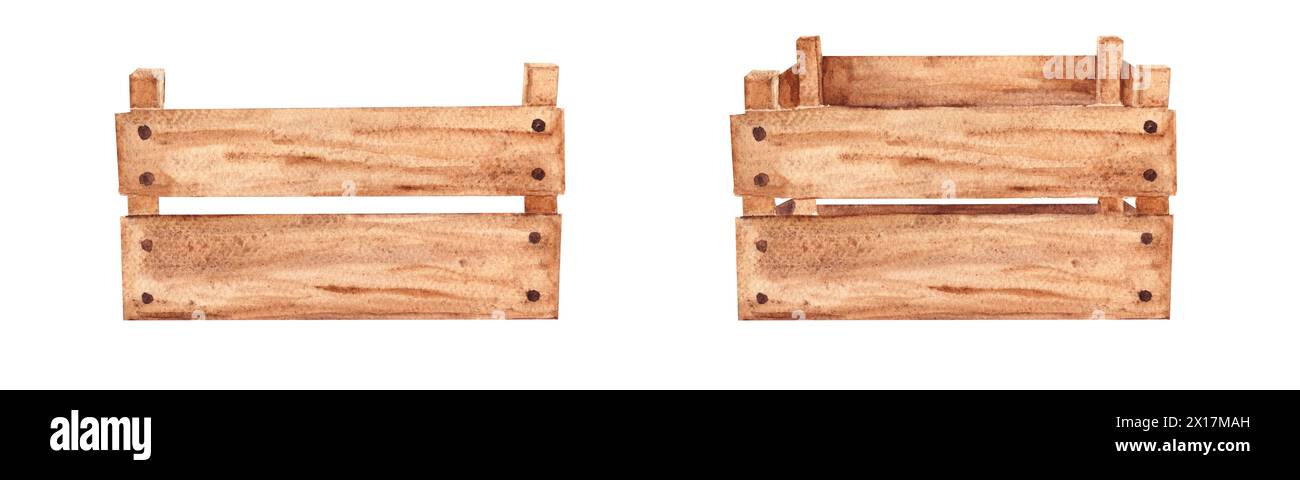 Wooden box. Side view with and without perspective. Hand drawn vintage illustration. Stock Photo