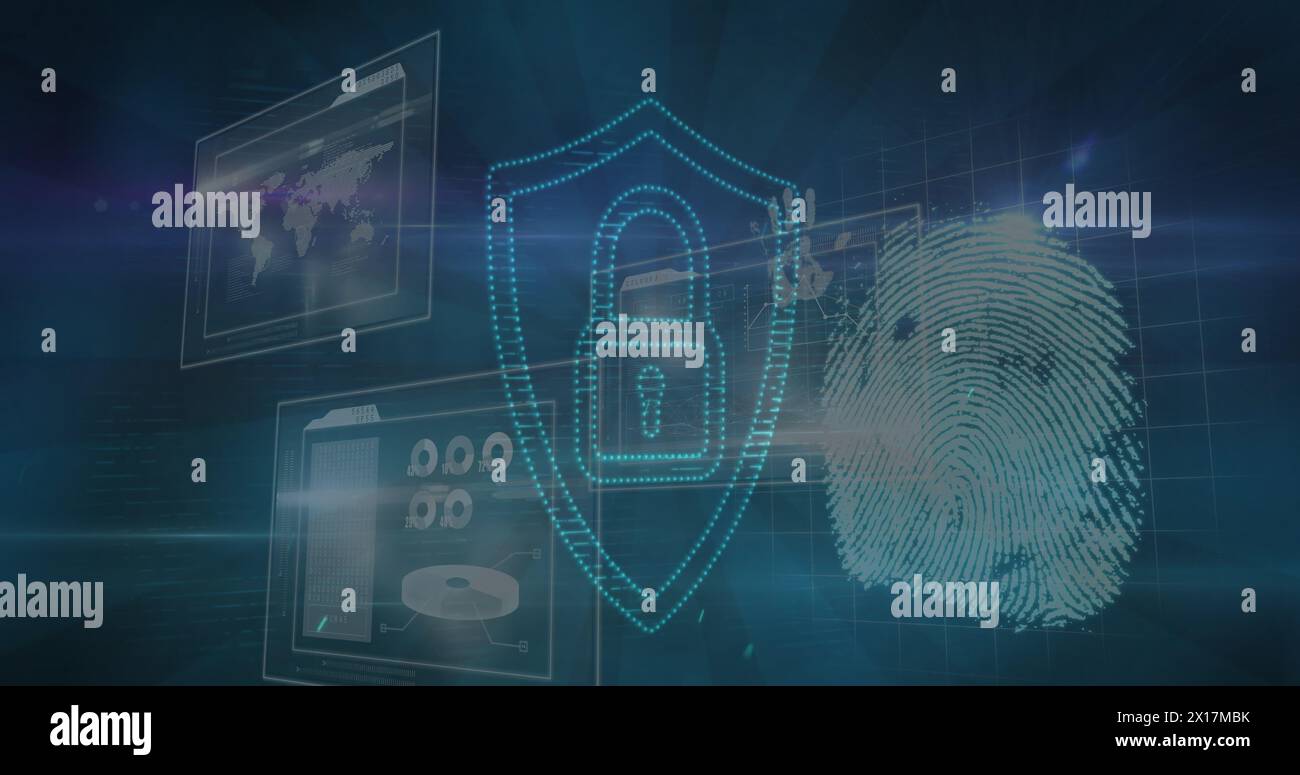 Image of biometric fingerprint, padlock and data processing over screens Stock Photo