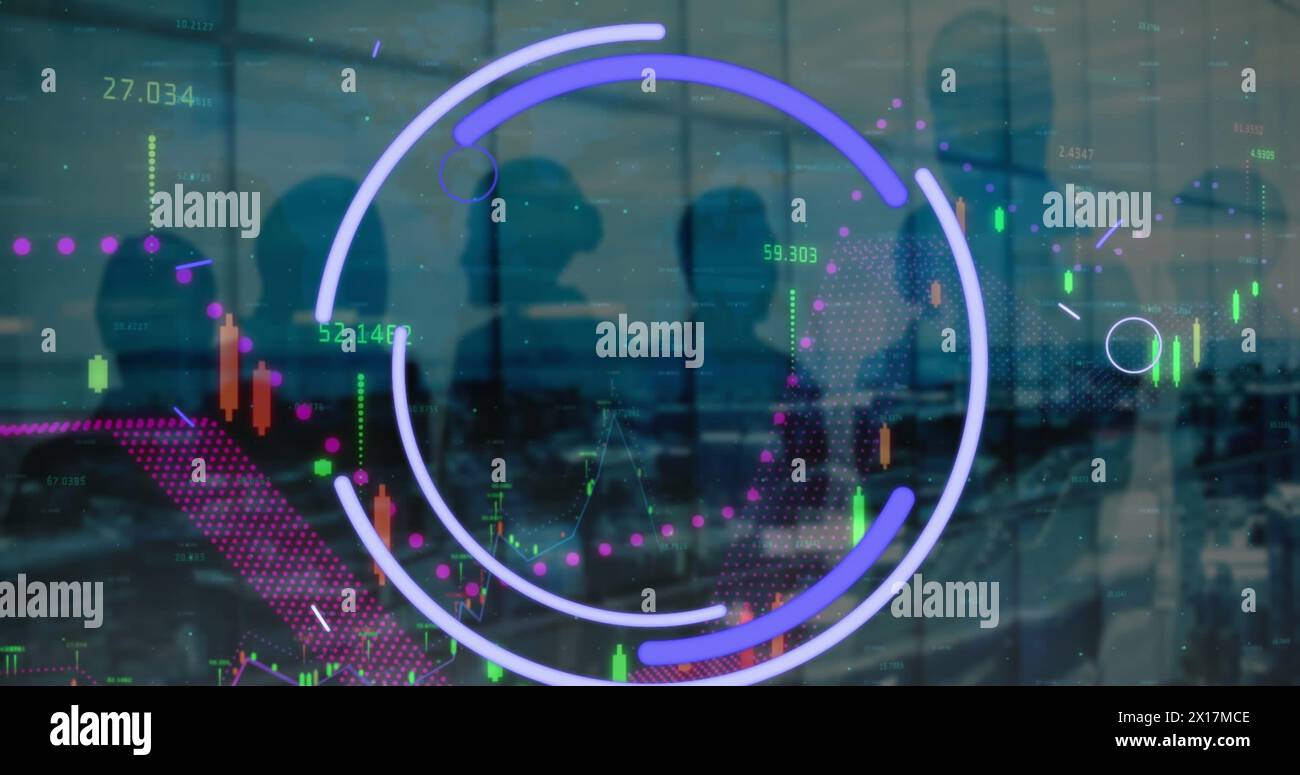 Image of data processing and shapes over diverse business people ...