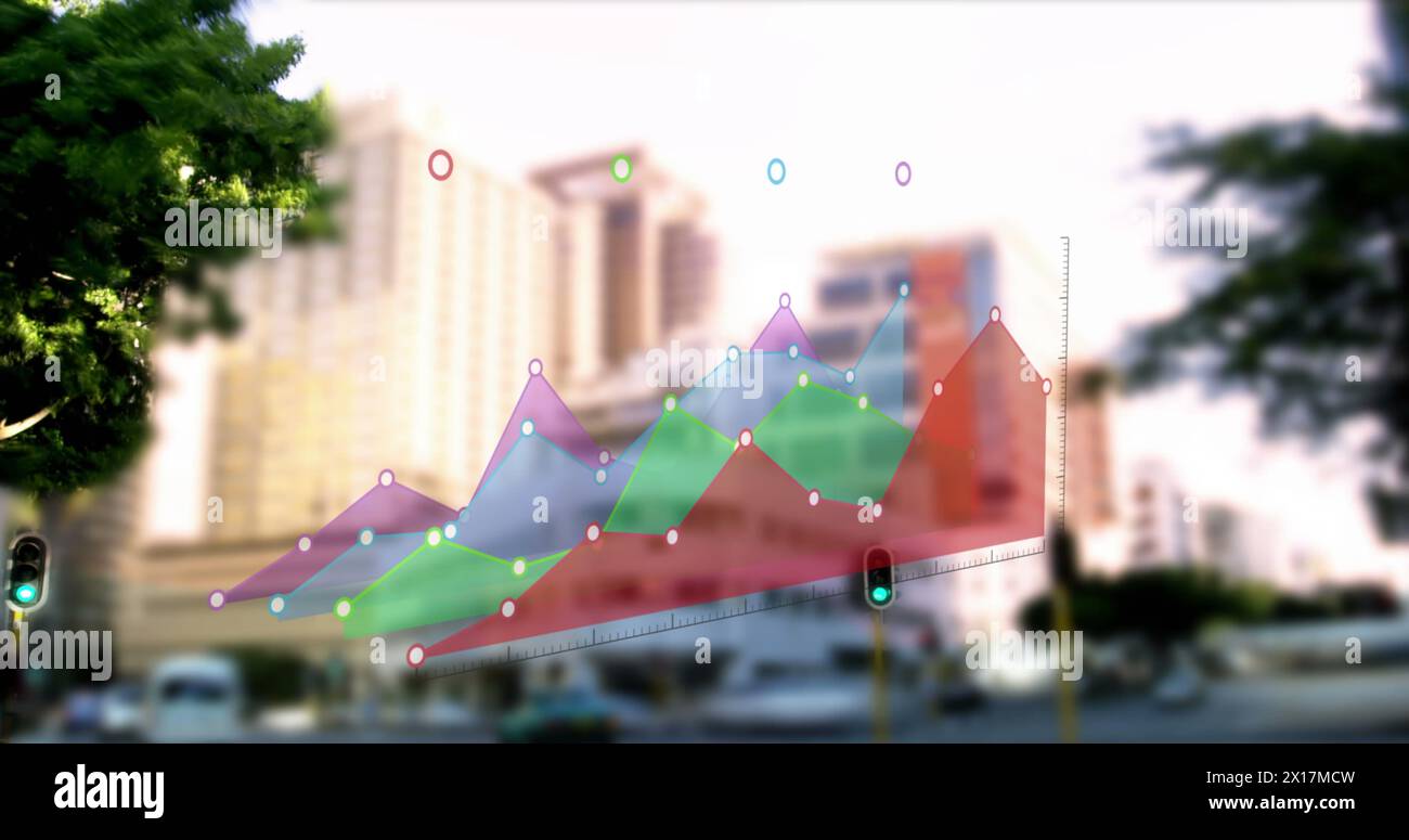 Image of digital data processing and graph over cityscape Stock Photo