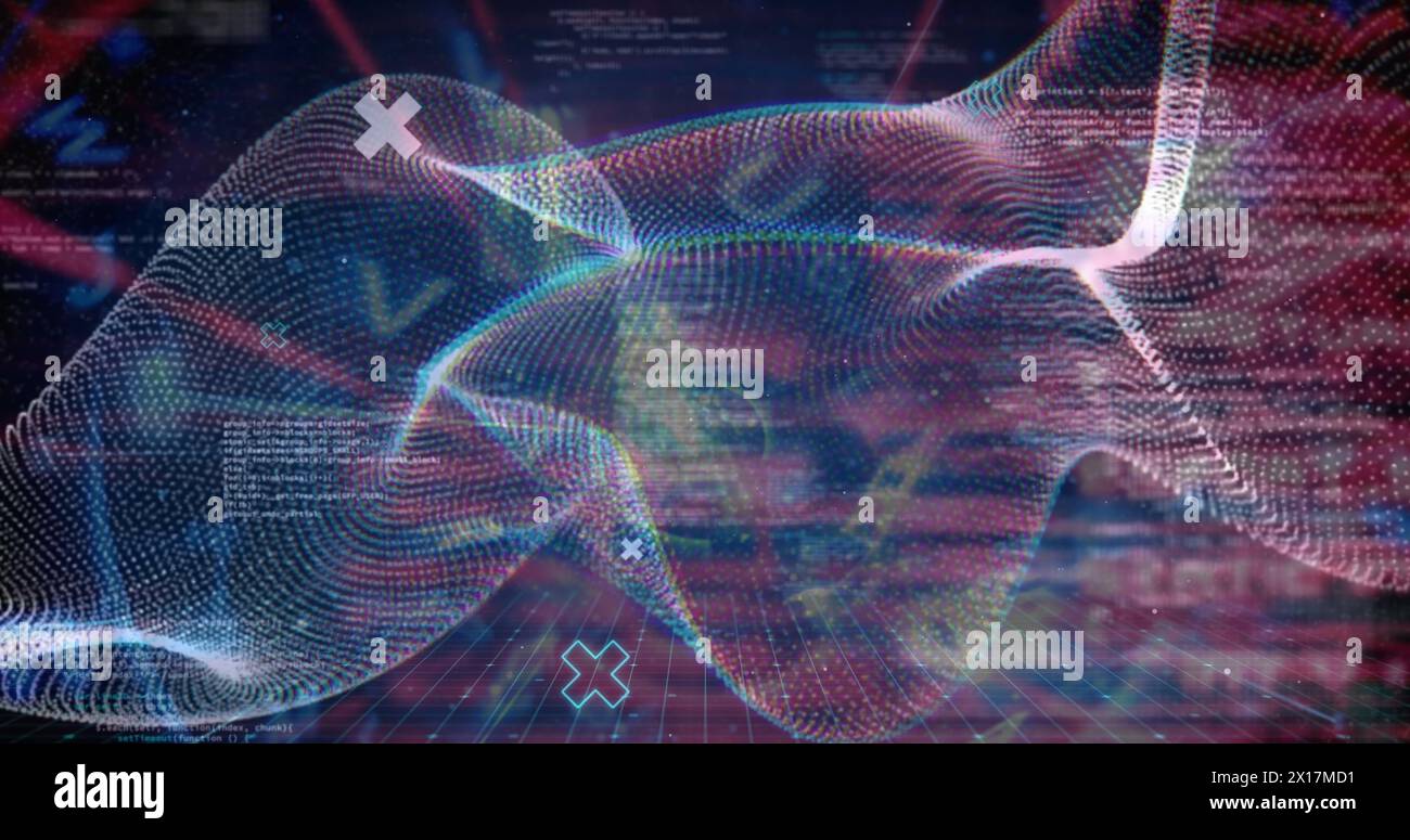 Image of waves and shapes over data processing in digital space Stock ...