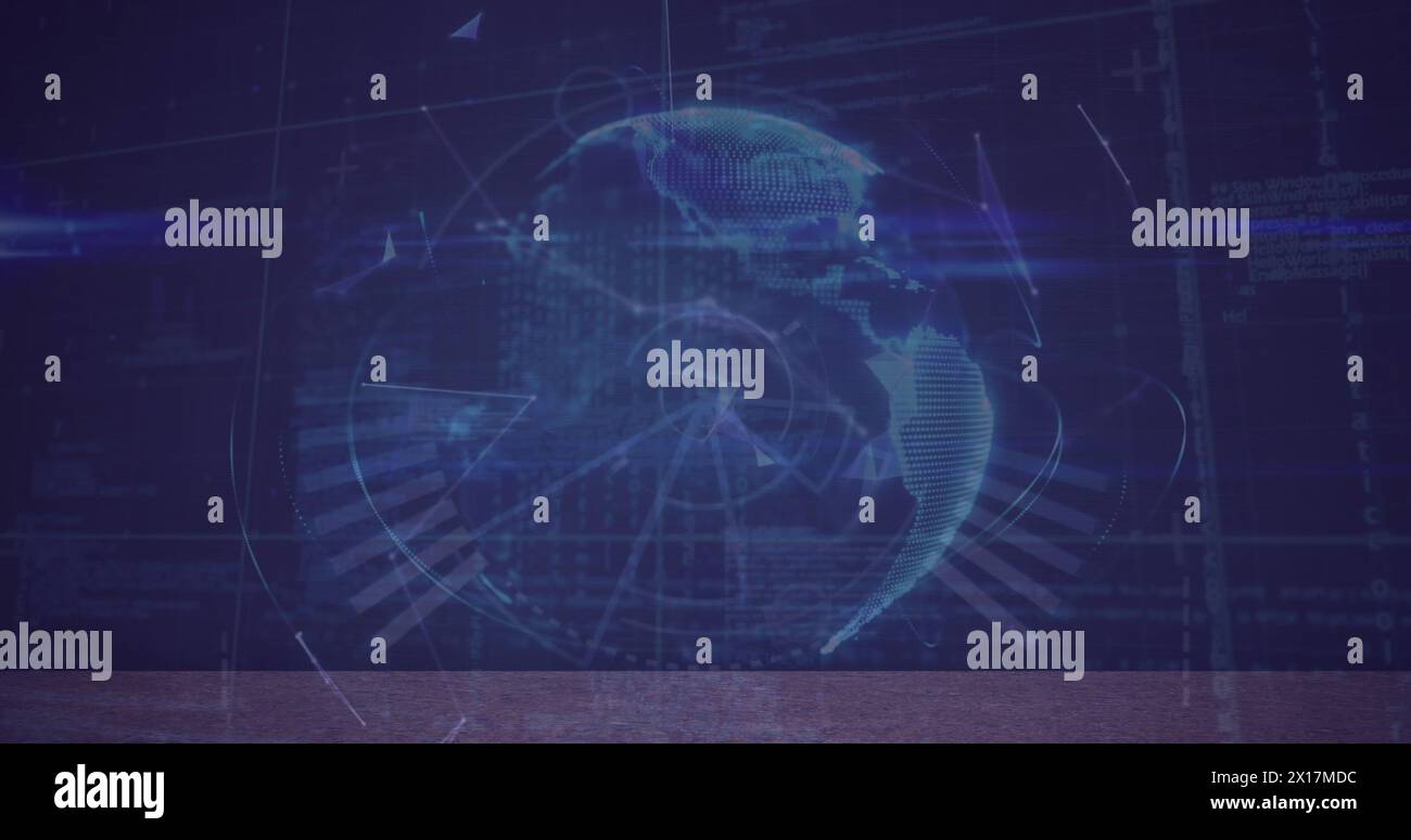 Image of globe, shapes and connections in navy digital space Stock Photo