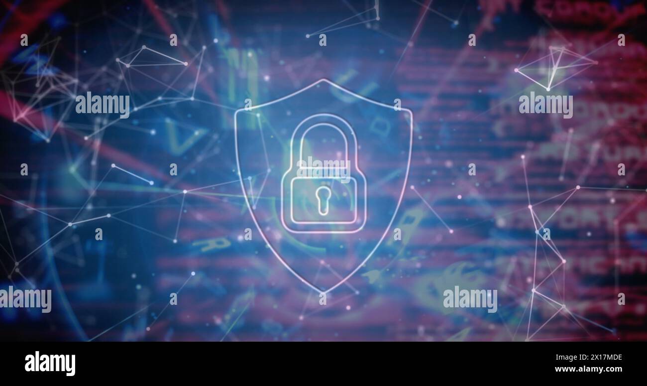 Image of digital shield with padlock over connections and data Stock Photo