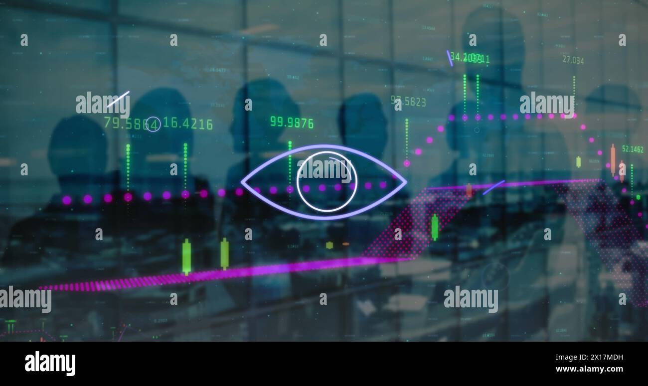 Image of data processing and shapes over diverse business people ...