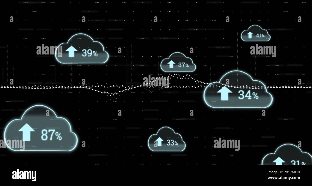 Image of cloud icons and data processing on black background Stock Photo