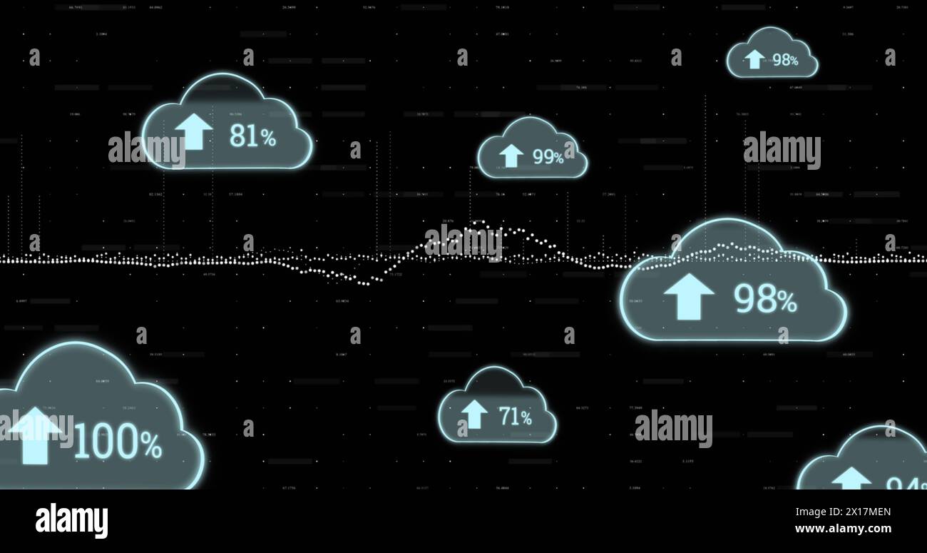 Image of cloud icons and data processing on black background Stock Photo