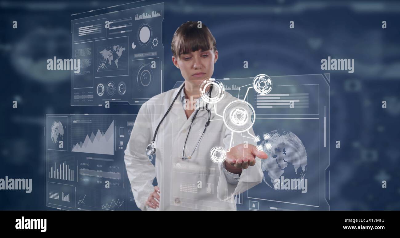 Image of caucasian female doctor with icons over digital screens with ...