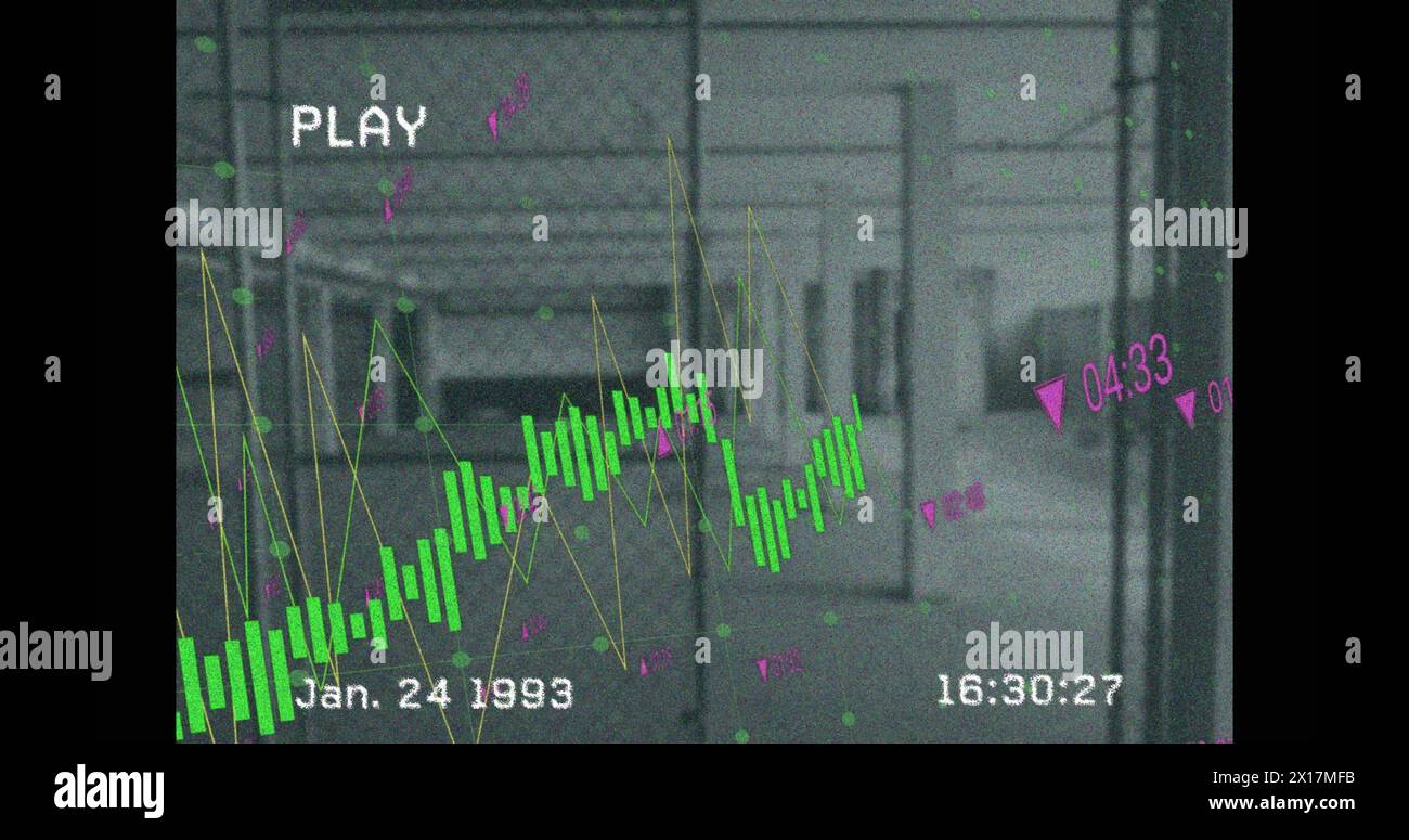 Image of interference with purple lines and data processing over building interior Stock Photo